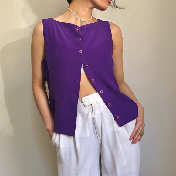 vintage pure silk button up vest top, reversible silk tank top - Picture 1 of 6